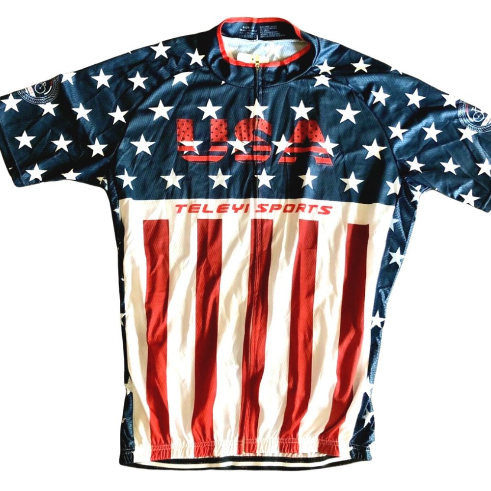 Teleyi USA Flag Men's Cycling Jersey Coolmax FULL ZIP 3-Pocket - Size 3XL